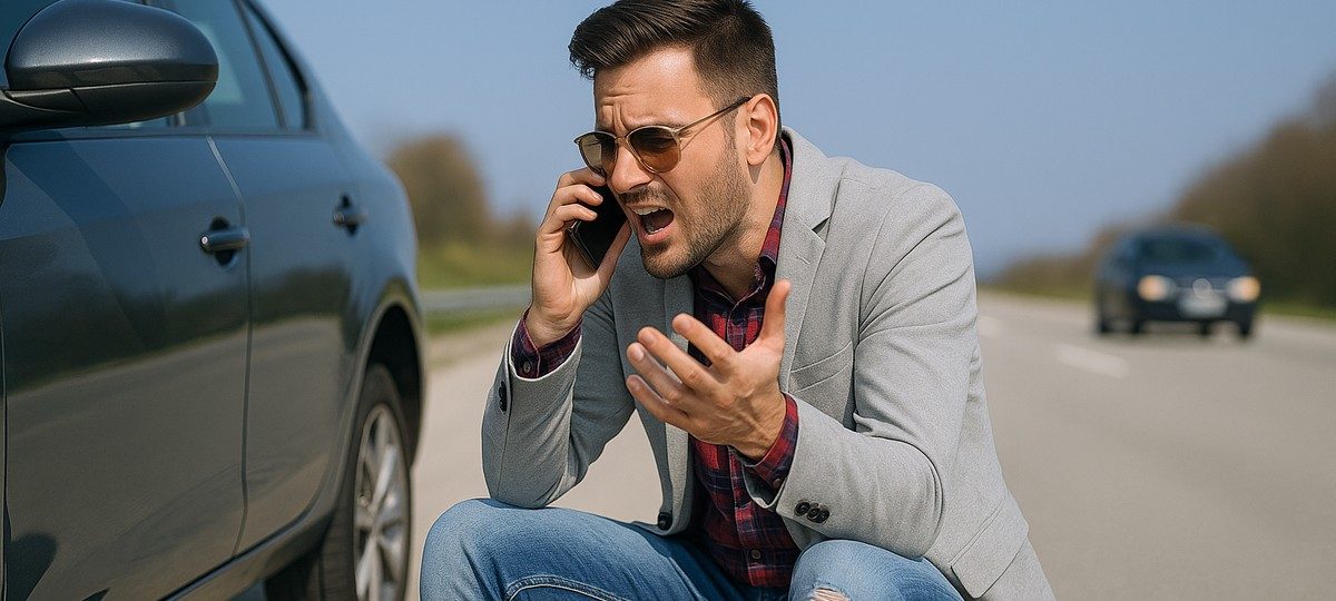 Мужчина сидит на дороге возле авто